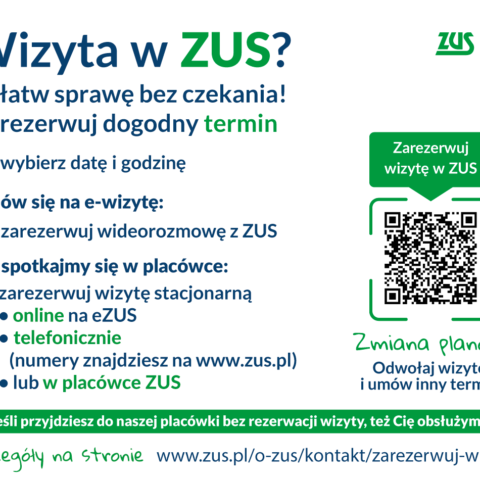 Ulotka zawierająca skrótowe informacje o rezerwacji wizyty w ZUS