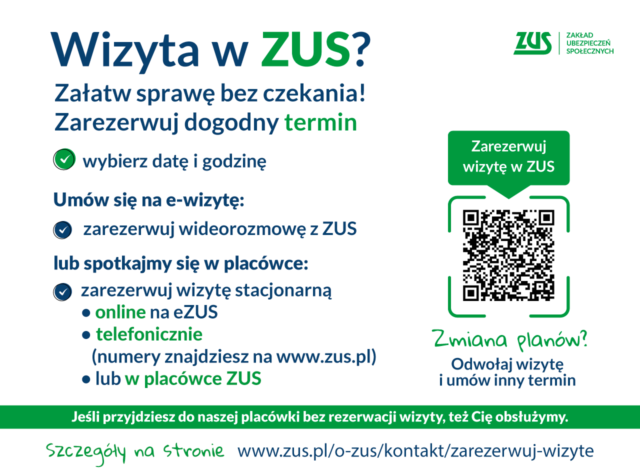 Ulotka zawierająca skrótowe informacje o rezerwacji wizyty w ZUS
