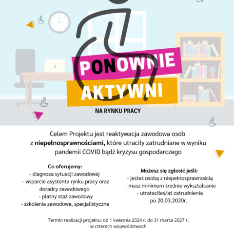 Plakat przedstawiający cele projektu z napisem umiejscowionym centralnie "Ponownie Aktywni"
