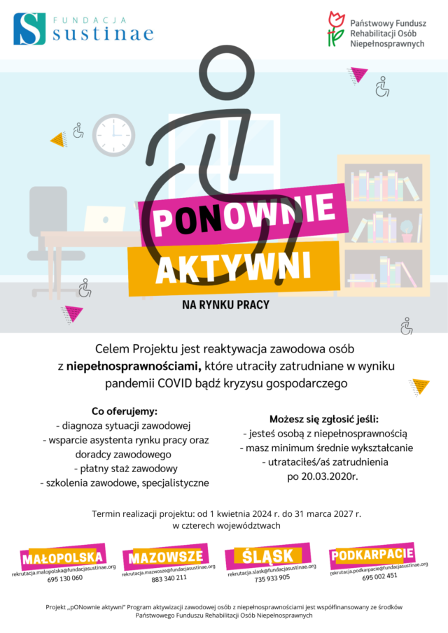 Plakat przedstawiający cele projektu z napisem umiejscowionym centralnie "Ponownie Aktywni"