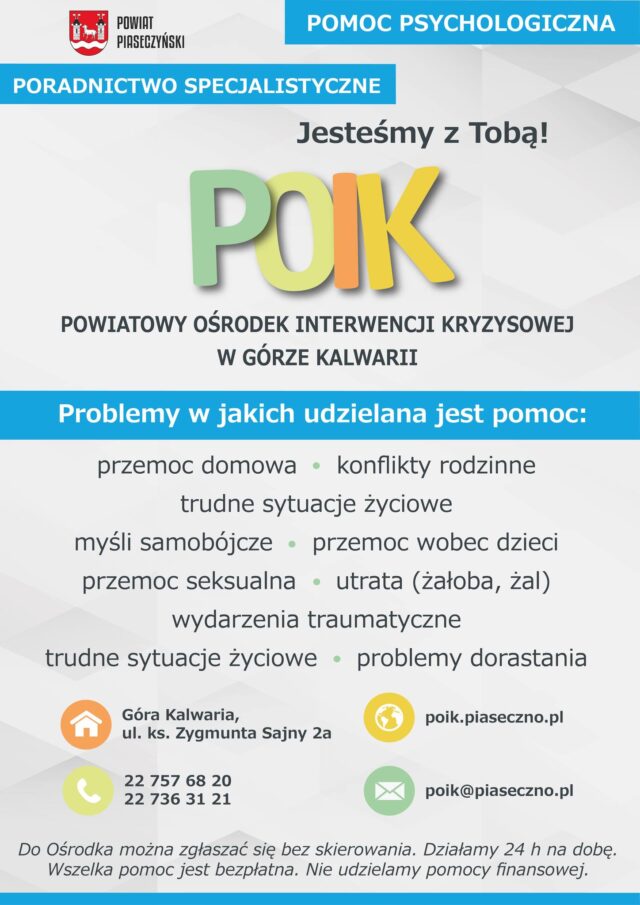Plakat przedstawiający kategorie problemów w jakich Powiatowy Ośrodek Interwencji Kryzysowej w Górze Kalwarii pomaga: przemoc domowa, konflikty rodzinne, trudne sytuacje rodzinne, myśli samobójcze, przemoc wobec dzieci, przemoc seksualna, utrata (żałoba, żal), wydarzenia traumatyczne, trudne sytuacje życiowe, problemy dorastania